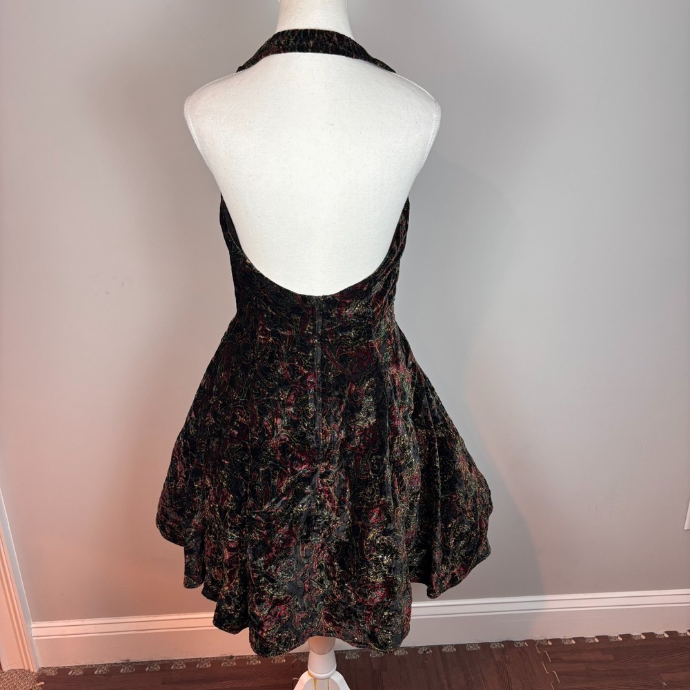 Masquerade VGT Y2K Velvet Floral Halter Sweetheart Neck Mini Dress Flare SZ 9 - Picture 4 of 11